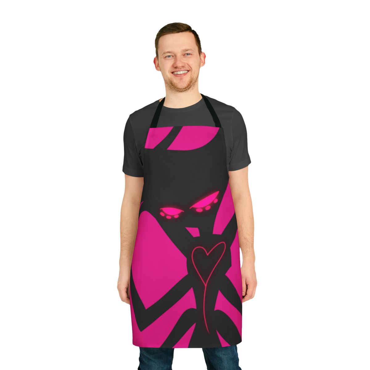 Hazbin Hotel Angel Dust Neon Apron with web and spiderweb graphics