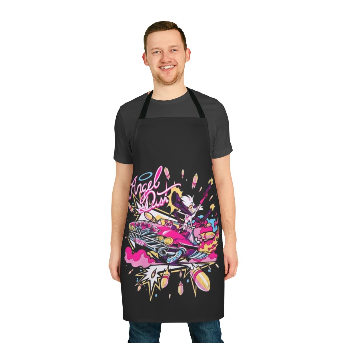 Hazbin Hotel Angel Dust themed apron with exclusive fan art design