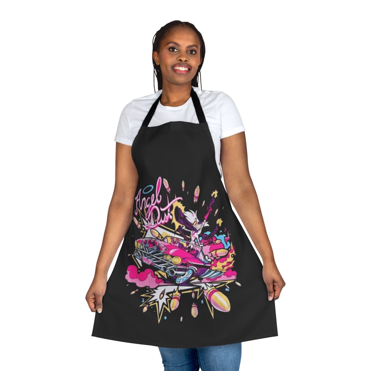 Hazbin Hotel Angel Dust themed apron with exclusive fan art design