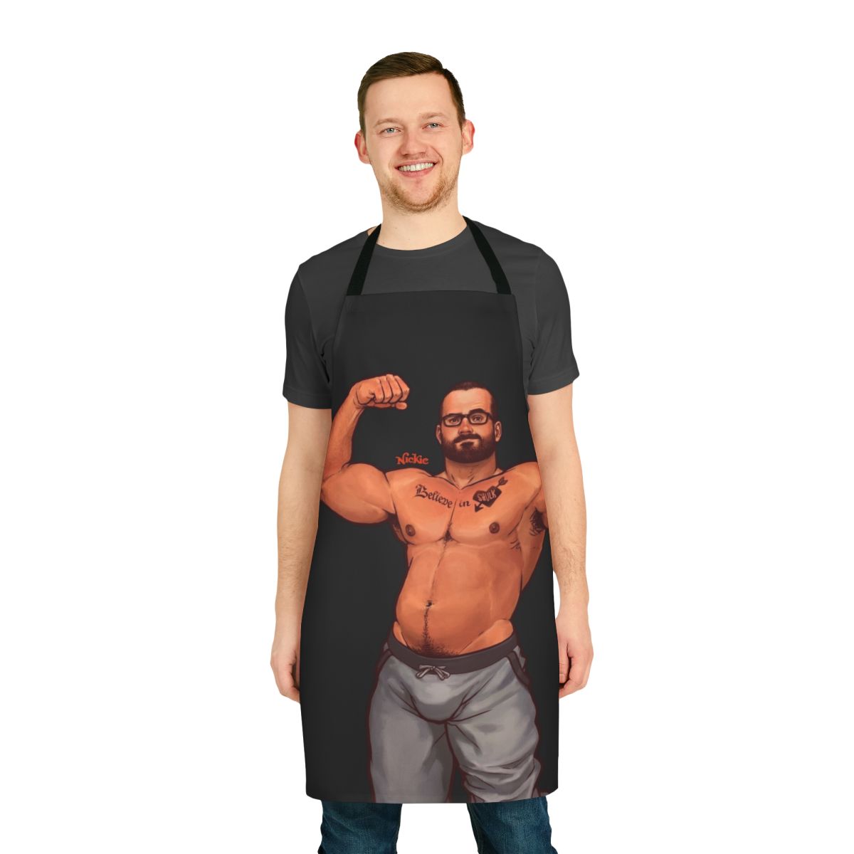 Heart Beats Apron featuring a stylish male pinup design for LGBTQ+ fans