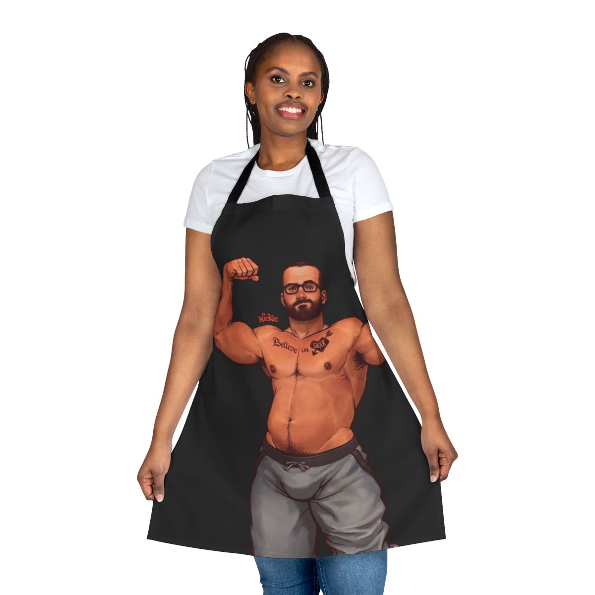 Heart Beats Apron featuring a stylish male pinup design for LGBTQ+ fans