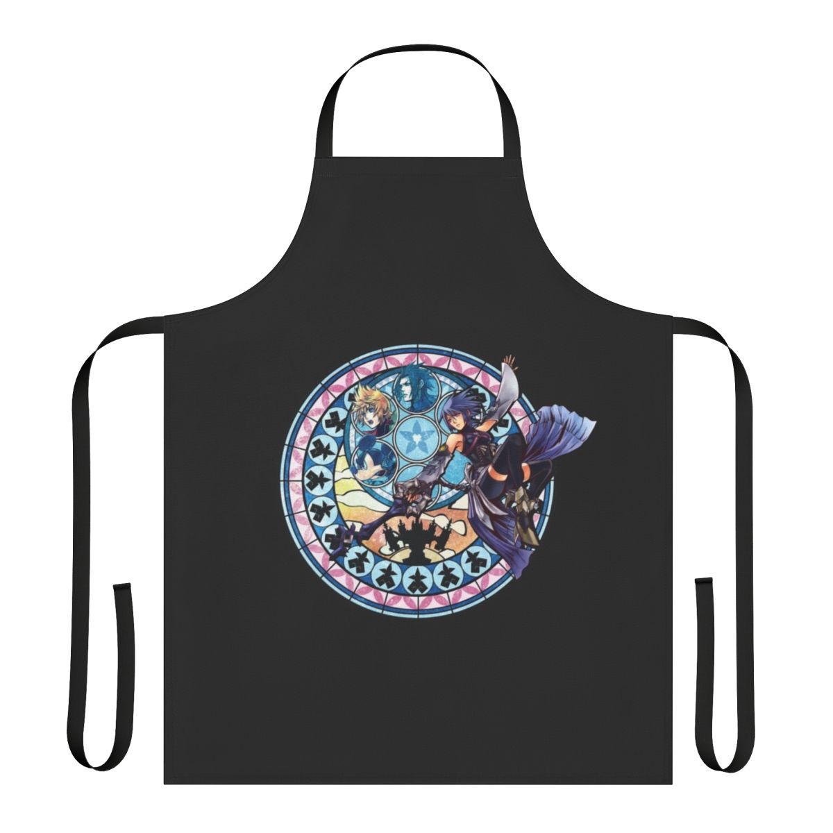 A blue apron featuring a heart-shaped design inspired by the Kingdom Hearts video game series.