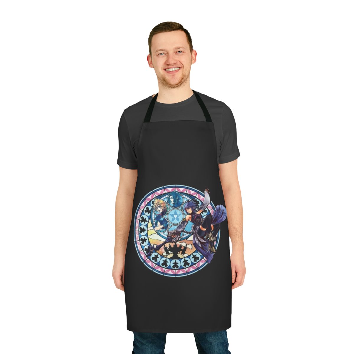 A blue apron featuring a heart-shaped design inspired by the Kingdom Hearts video game series.