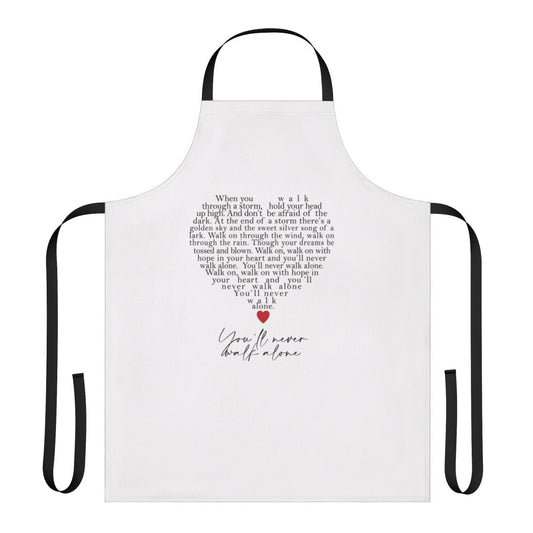 An apron featuring a love heart design in the iconic Liverpool FC colors, perfect for football fans.
