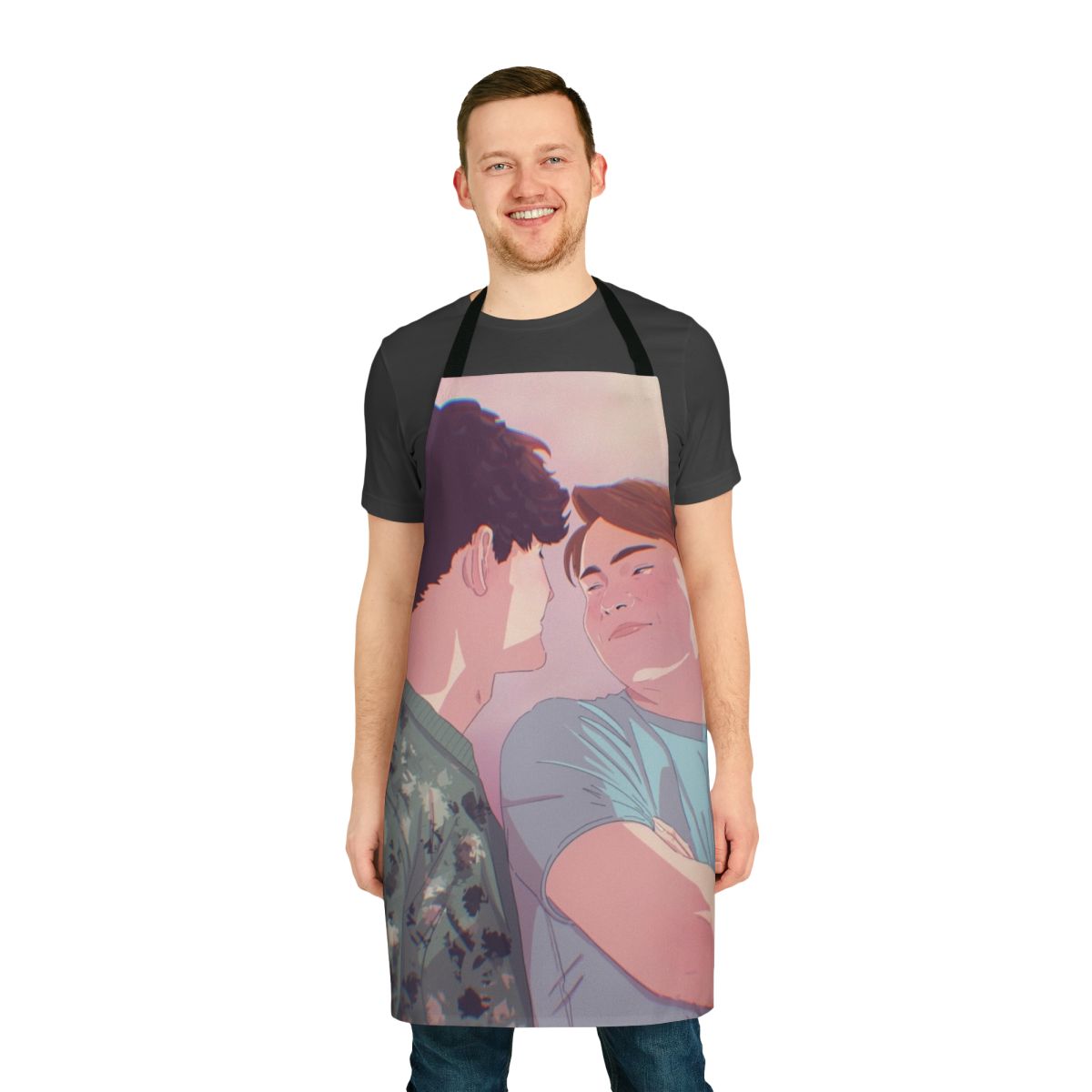 Heartstopper-inspired apron featuring the characters Charlie and Nick