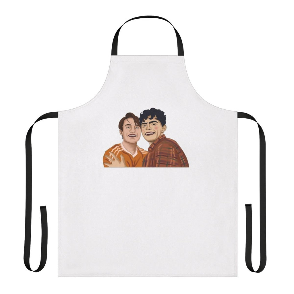 Heartstopper-inspired apron featuring characters Nick Nelson and Charlie Spring smiling