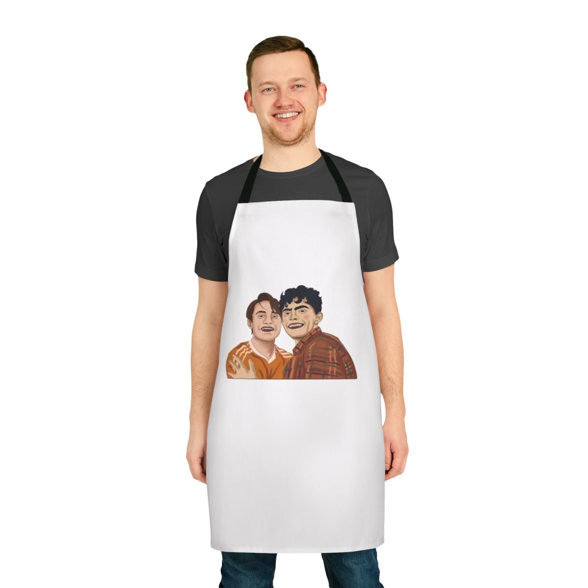 Heartstopper-inspired apron featuring characters Nick Nelson and Charlie Spring smiling