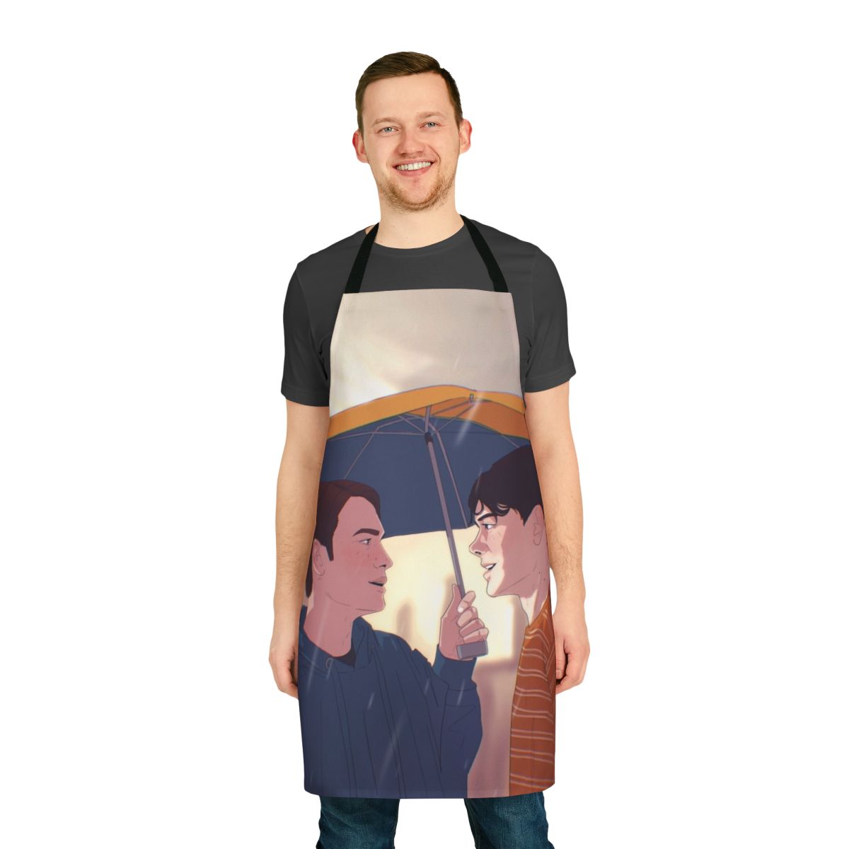Heartstopper-inspired apron featuring characters Nick Nelson and Charlie Spring