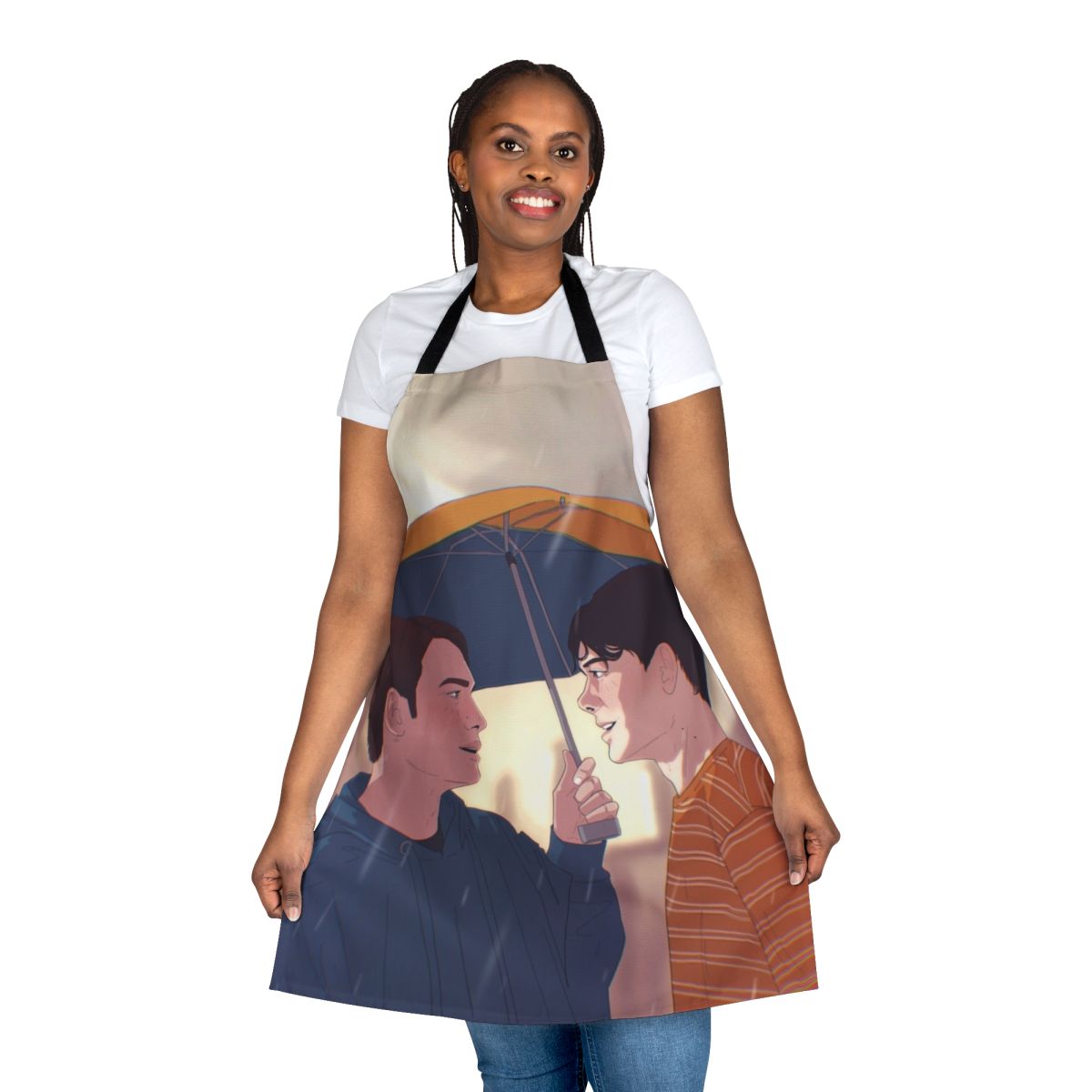 Heartstopper-inspired apron featuring characters Nick Nelson and Charlie Spring