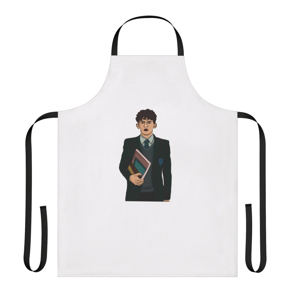 A white apron featuring the characters from the Netflix series Heartstopper, including Charlie Spring.
