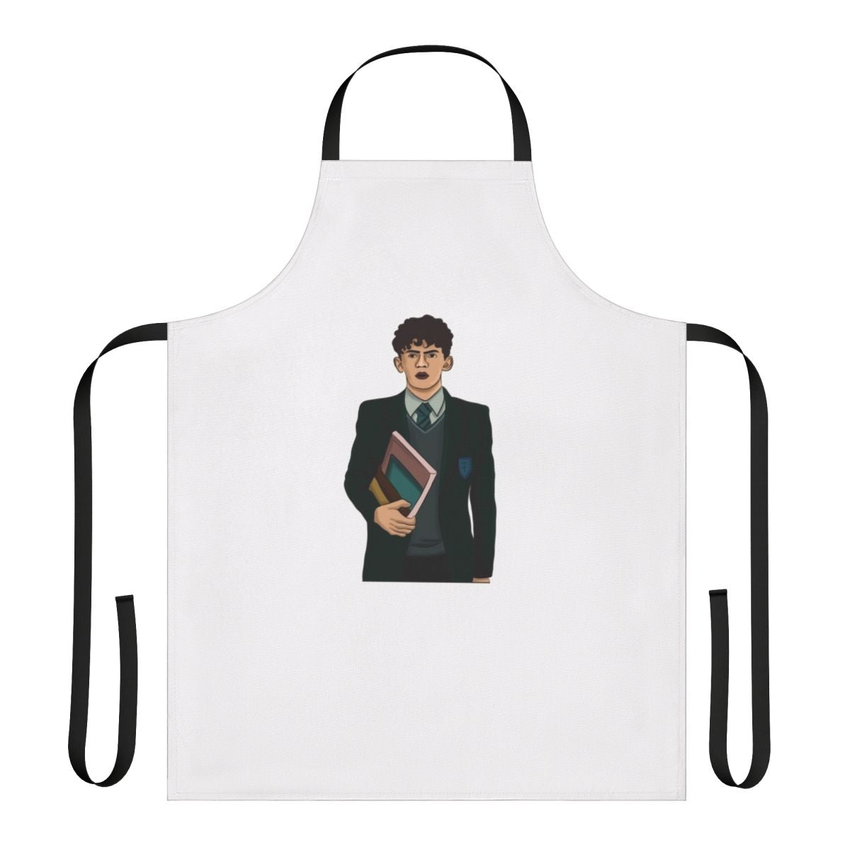 A white apron featuring the characters from the Netflix series Heartstopper, including Charlie Spring.