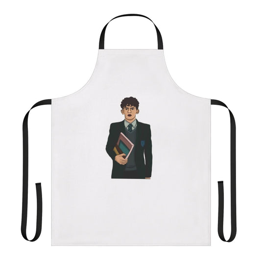 A white apron featuring the characters from the Netflix series Heartstopper, including Charlie Spring.