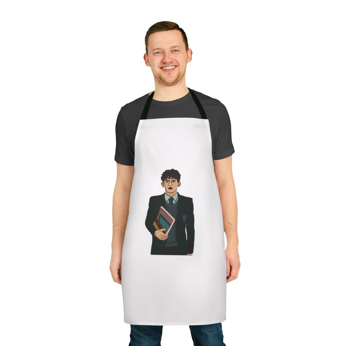 A white apron featuring the characters from the Netflix series Heartstopper, including Charlie Spring.
