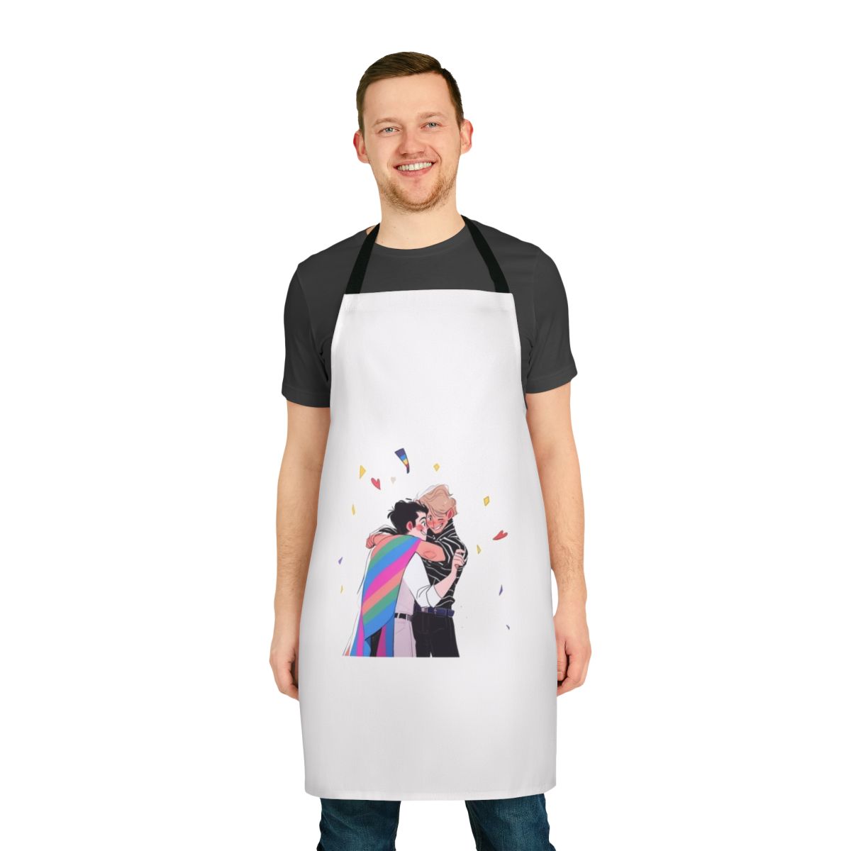 Heartstopper-themed cooking apron featuring fan-created artwork of the show's characters Nick and Charlie