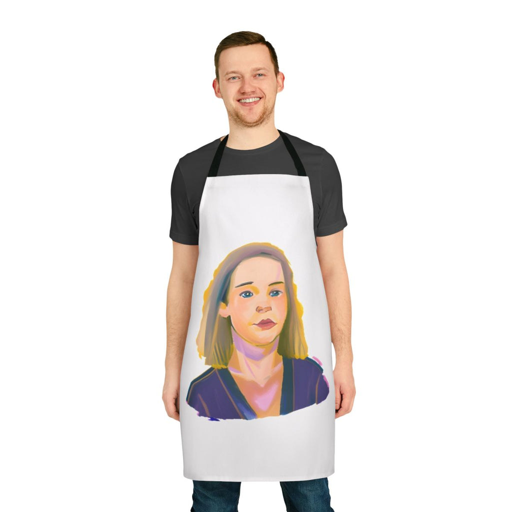 A custom apron featuring Darcy Olsson's fan art of the Heartstopper characters