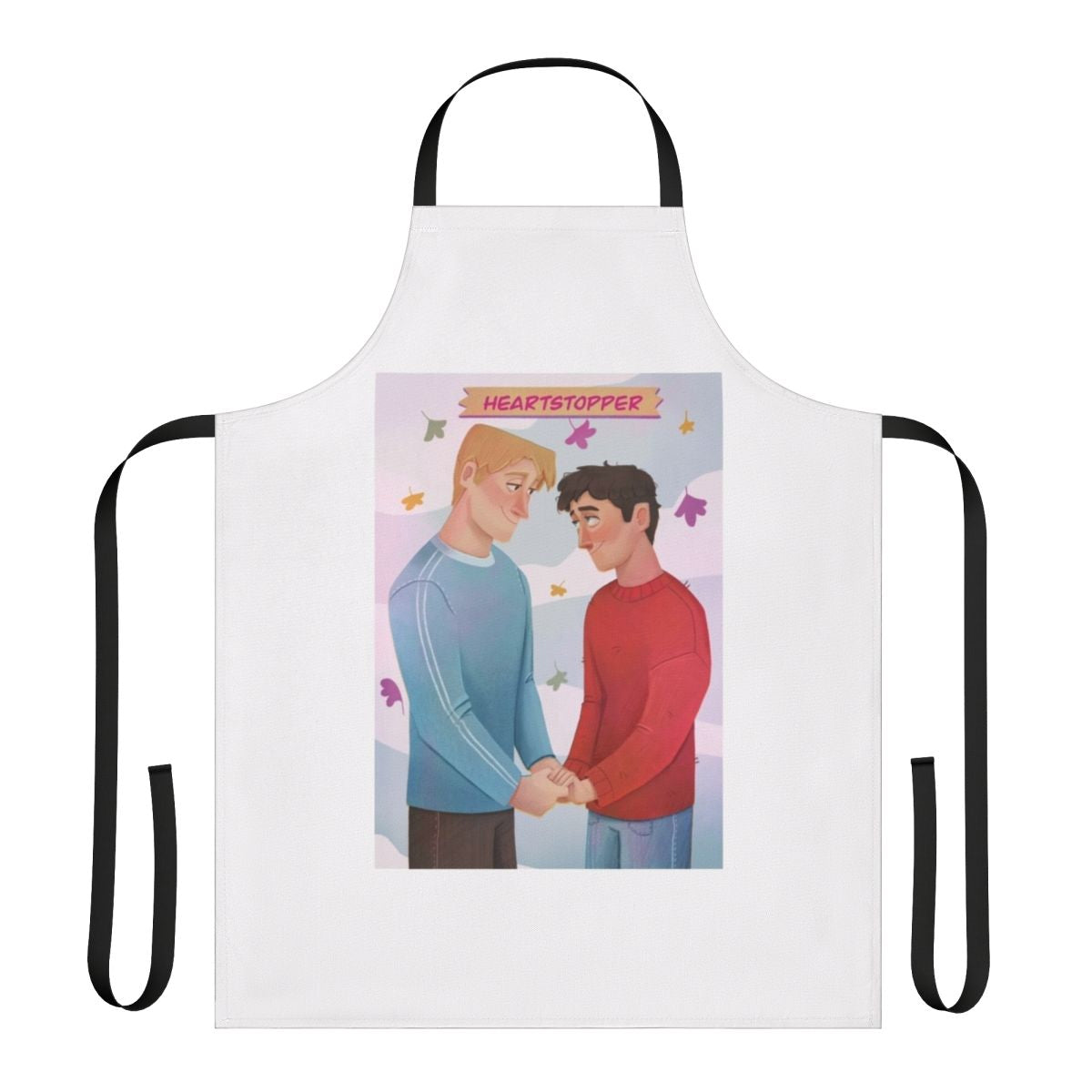 Heartstopper inspired apron featuring the characters Charlie Spring and Nick Nelson