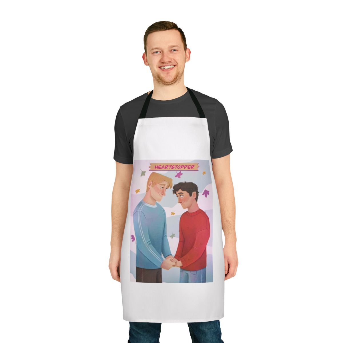 Heartstopper inspired apron featuring the characters Charlie Spring and Nick Nelson