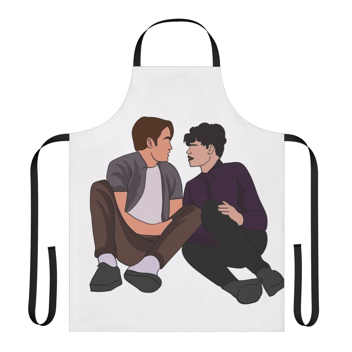 Heartstopper-inspired apron featuring the characters Nick Nelson and Charlie Spring
