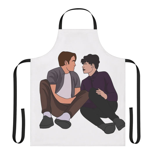 Heartstopper-inspired apron featuring the characters Nick Nelson and Charlie Spring
