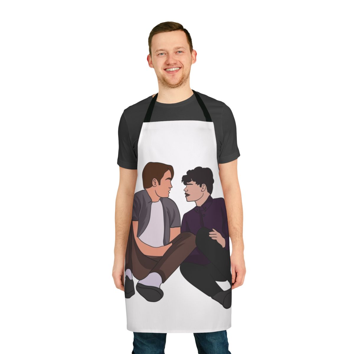 Heartstopper-inspired apron featuring the characters Nick Nelson and Charlie Spring