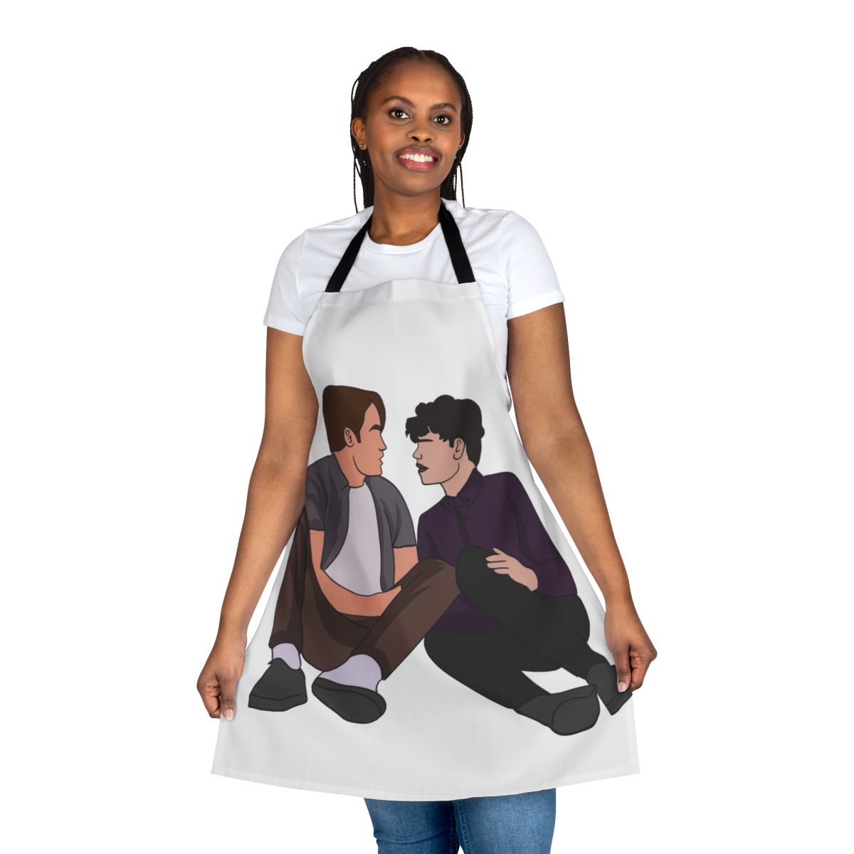 Heartstopper-inspired apron featuring the characters Nick Nelson and Charlie Spring