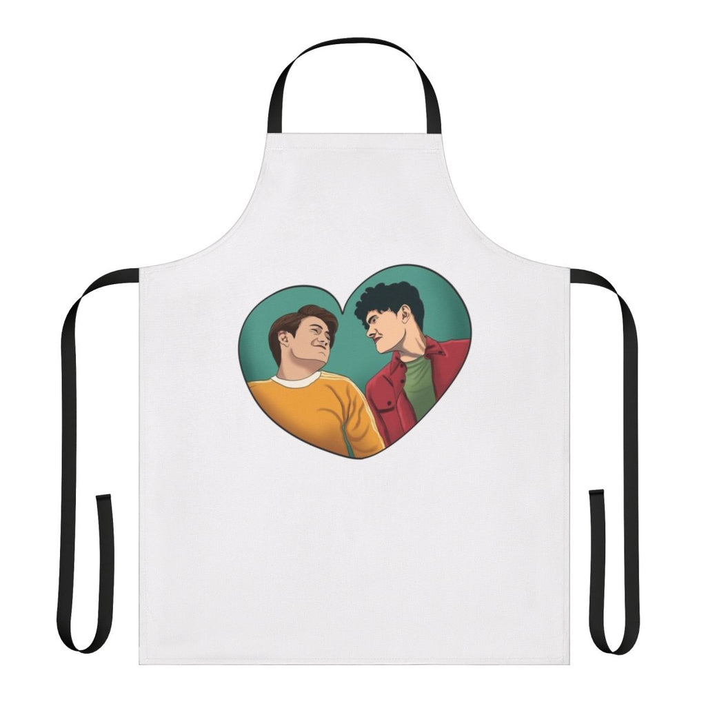 Heartstopper-themed apron featuring the characters Nick Nelson and Charlie Spring