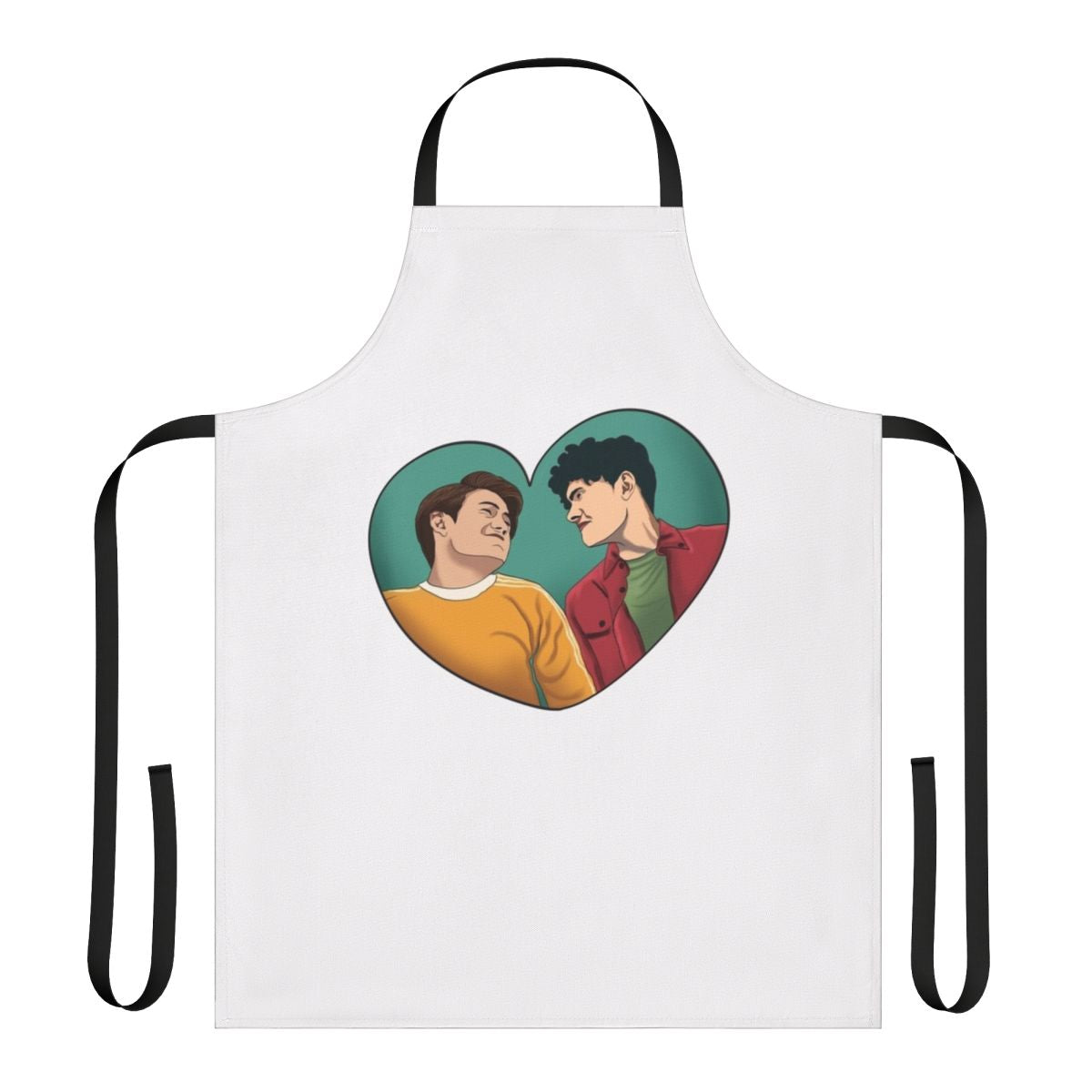 Heartstopper-themed apron featuring the characters Nick Nelson and Charlie Spring