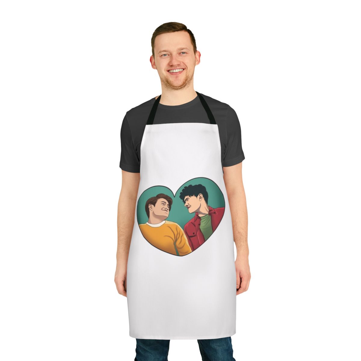 Heartstopper-themed apron featuring the characters Nick Nelson and Charlie Spring