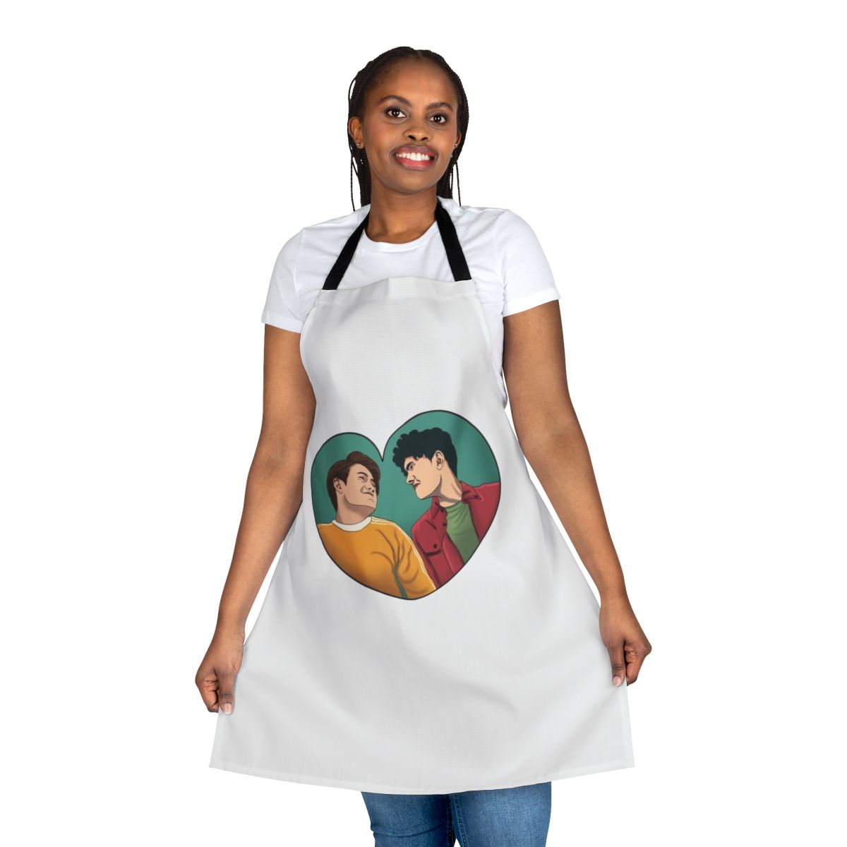 Heartstopper-themed apron featuring the characters Nick Nelson and Charlie Spring