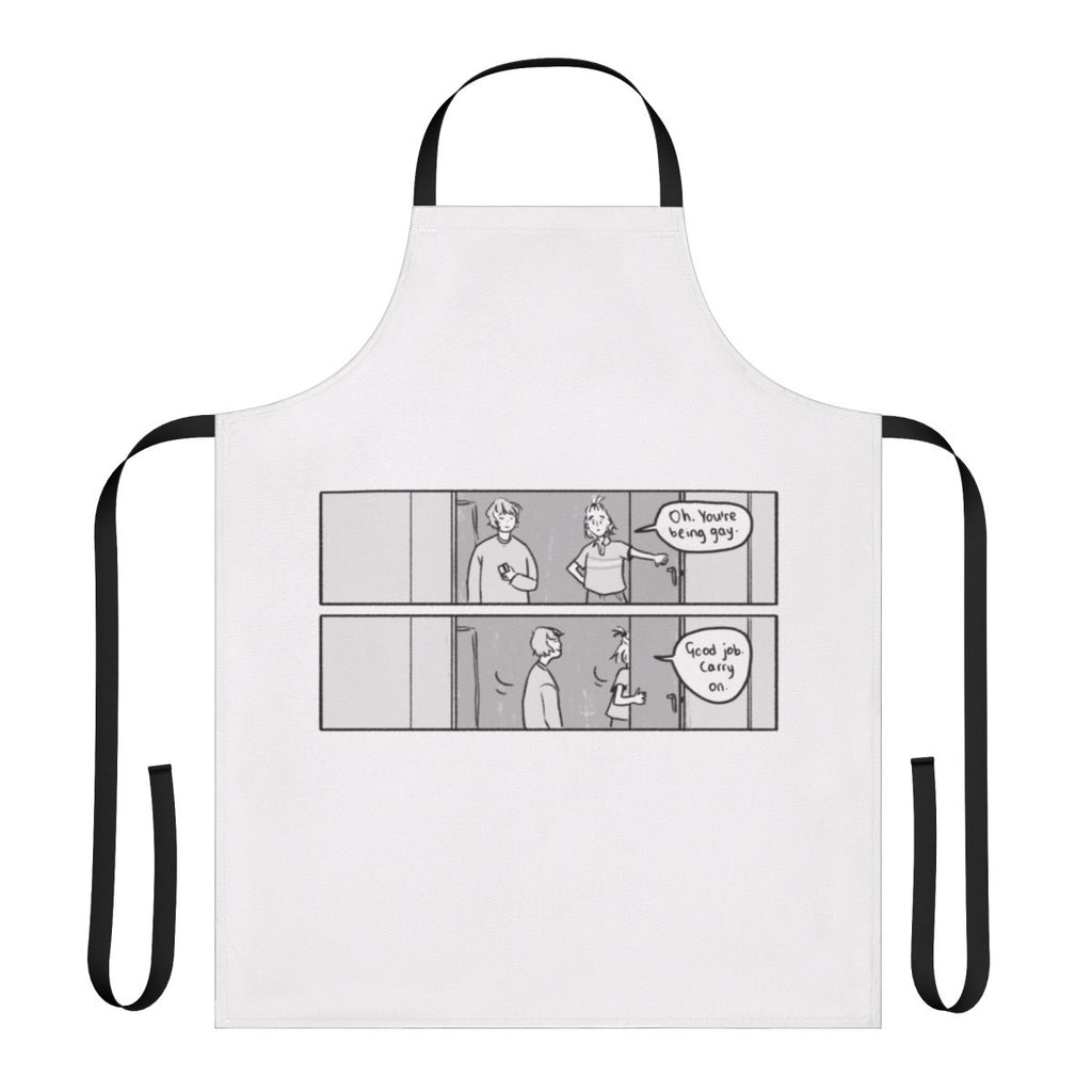 Heartstopper-inspired apron with "Oh You're Being Gay Good Job Carry On" text