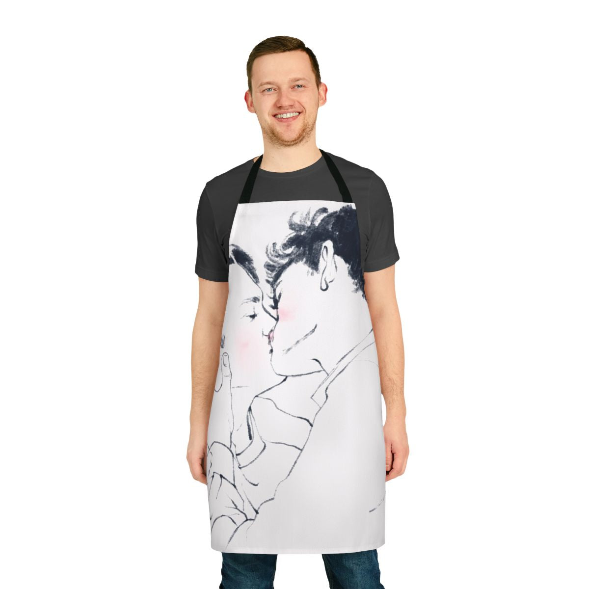 Heartstopper-inspired LGBTQ+ apron featuring a kiss between the characters Nick Nelson and Charlie Spring