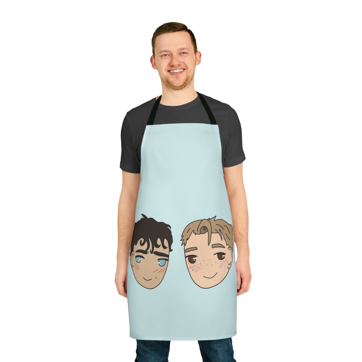 Heartstopper-inspired apron featuring the characters Nick Nelson and Charlie Spring