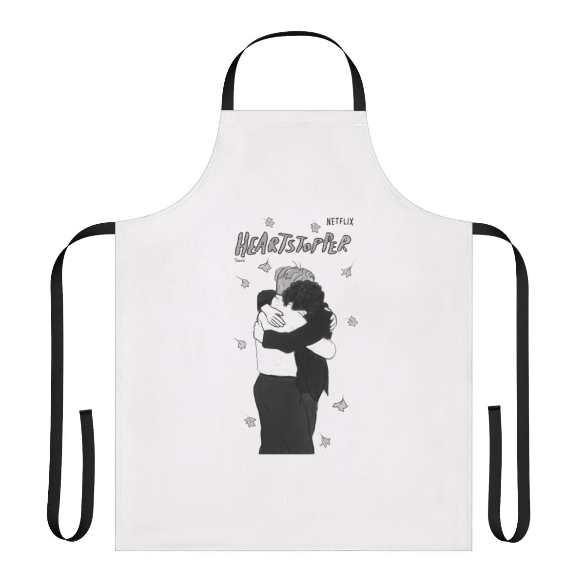 Heartstopper-inspired apron featuring a hug between the characters Nick and Charlie