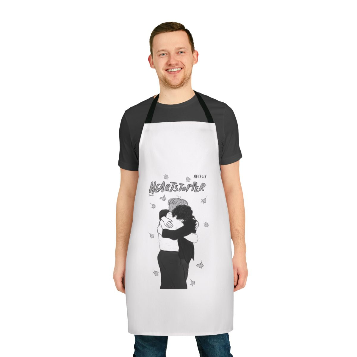 Heartstopper-inspired apron featuring a hug between the characters Nick and Charlie