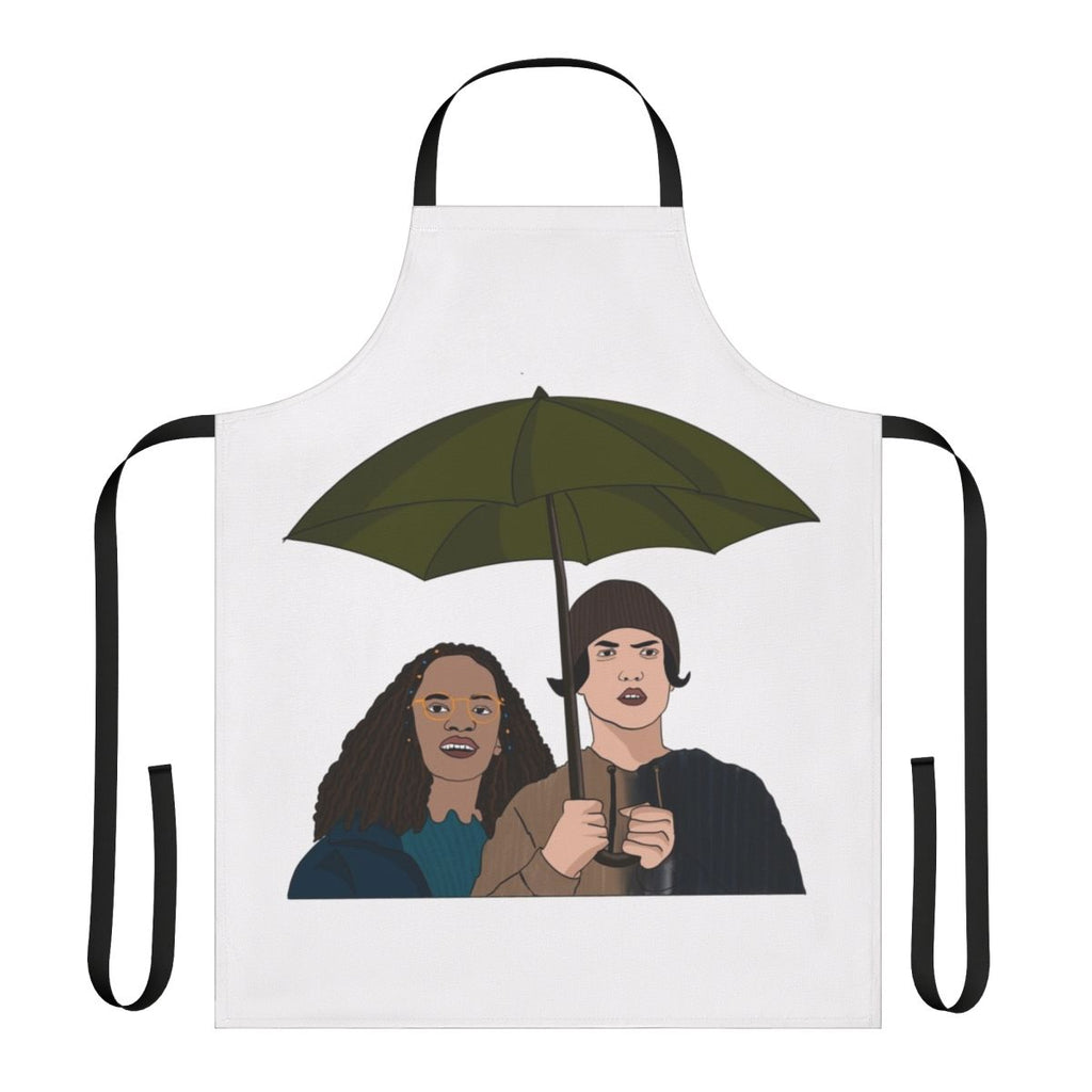 Heartstopper-inspired apron featuring characters Nick, Charlie and Nellie