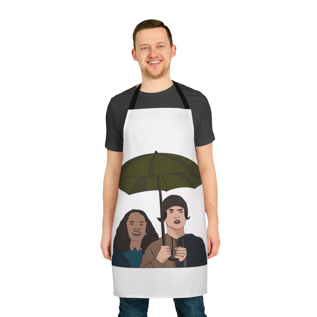 Heartstopper-inspired apron featuring characters Nick, Charlie and Nellie