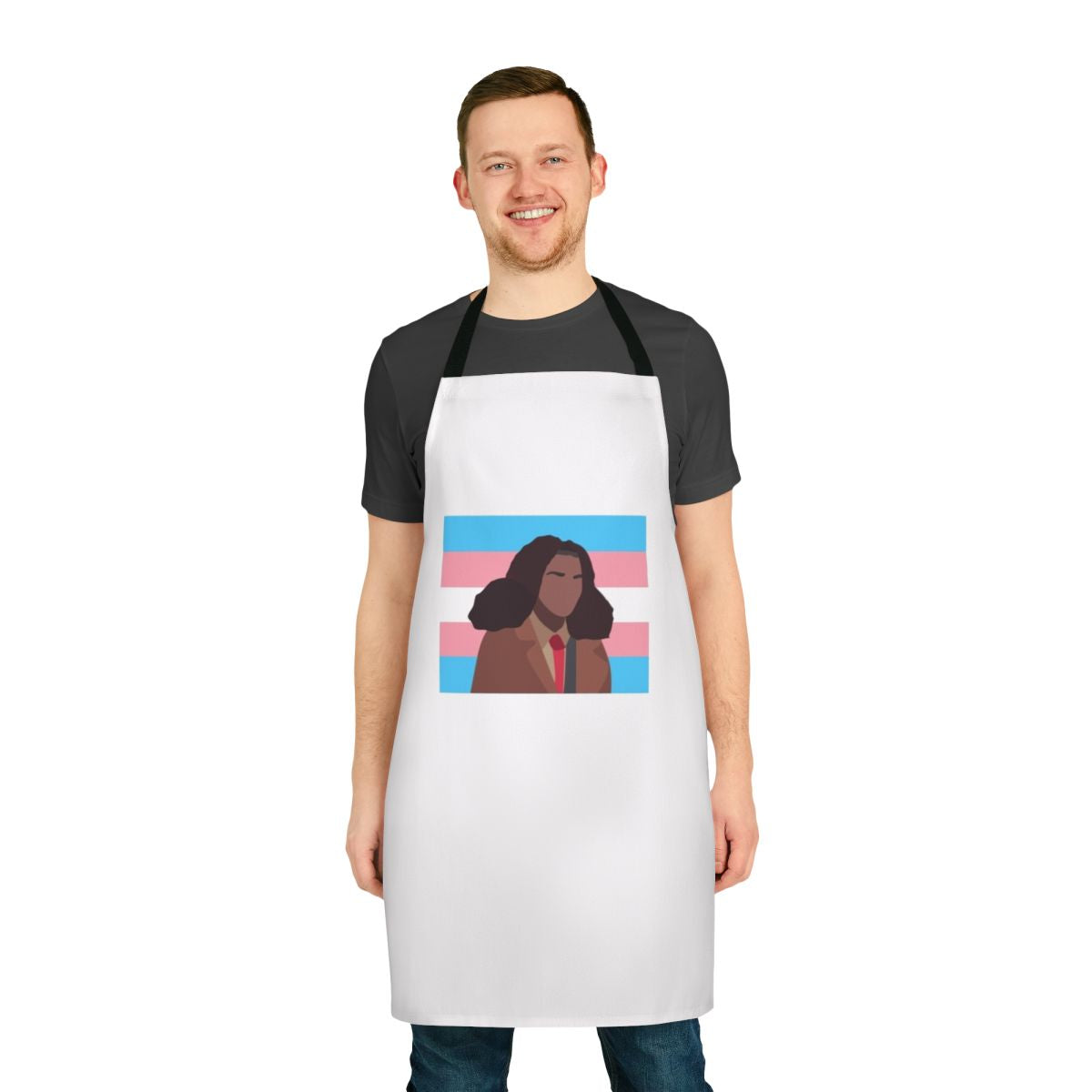 Heartstopper-inspired trans flag apron featuring Elle Argent's iconic look