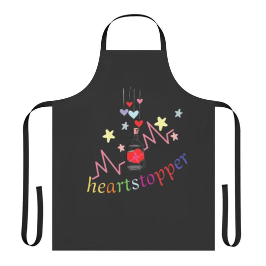 A colorful apron featuring the Heartstopper leaves and rainbow design, perfect for Valentine's Day and celebrating bisexual pride.