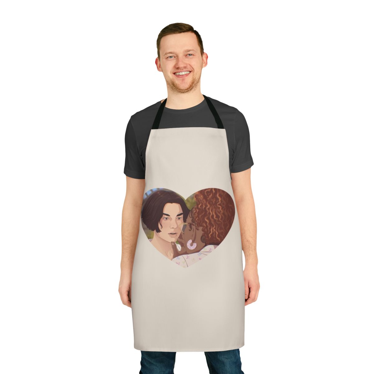 Heartstopper-inspired apron featuring characters Tao Xu and Elle Argent