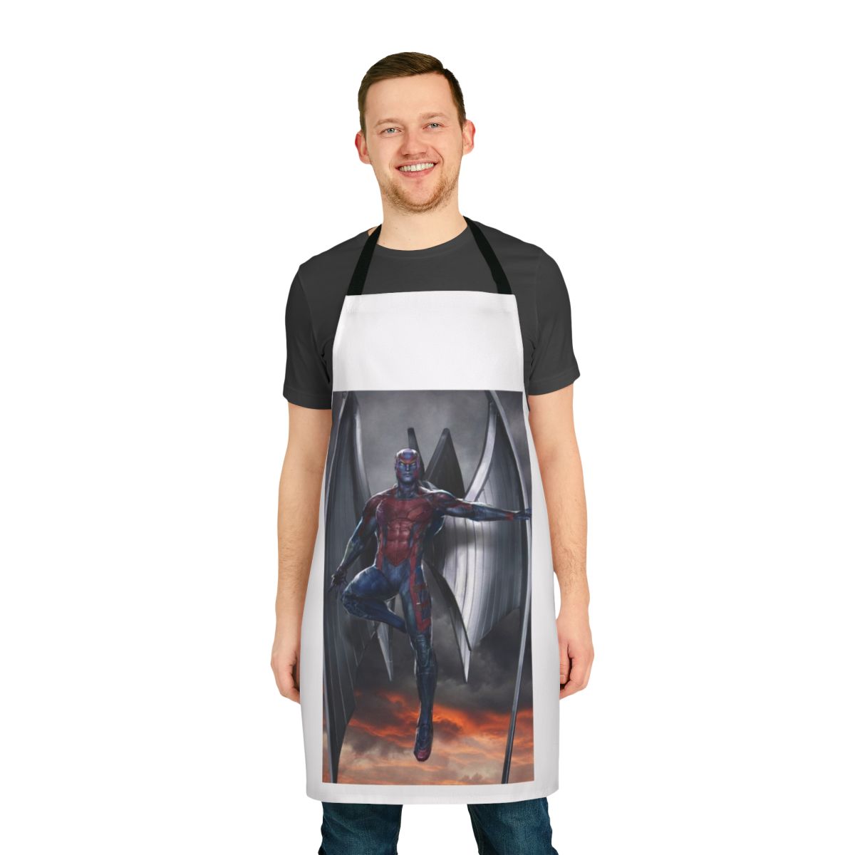 Archangel-inspired kitchen apron with a comic book superhero design