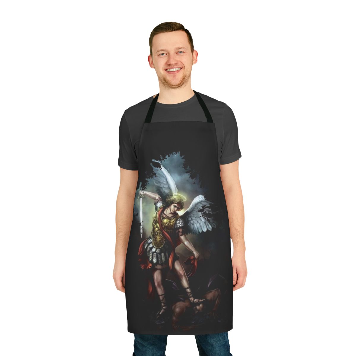 Apron featuring the image of the Archangel Michael, a powerful celestial being from Christian and angelic mythology