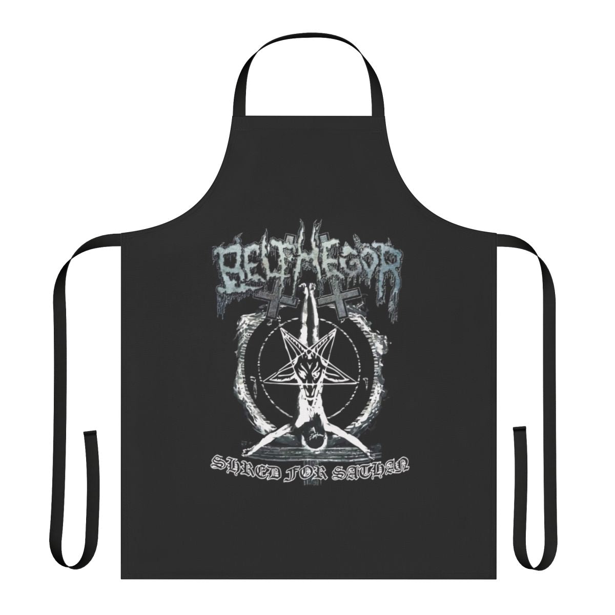 Black and red apron with death metal band logo