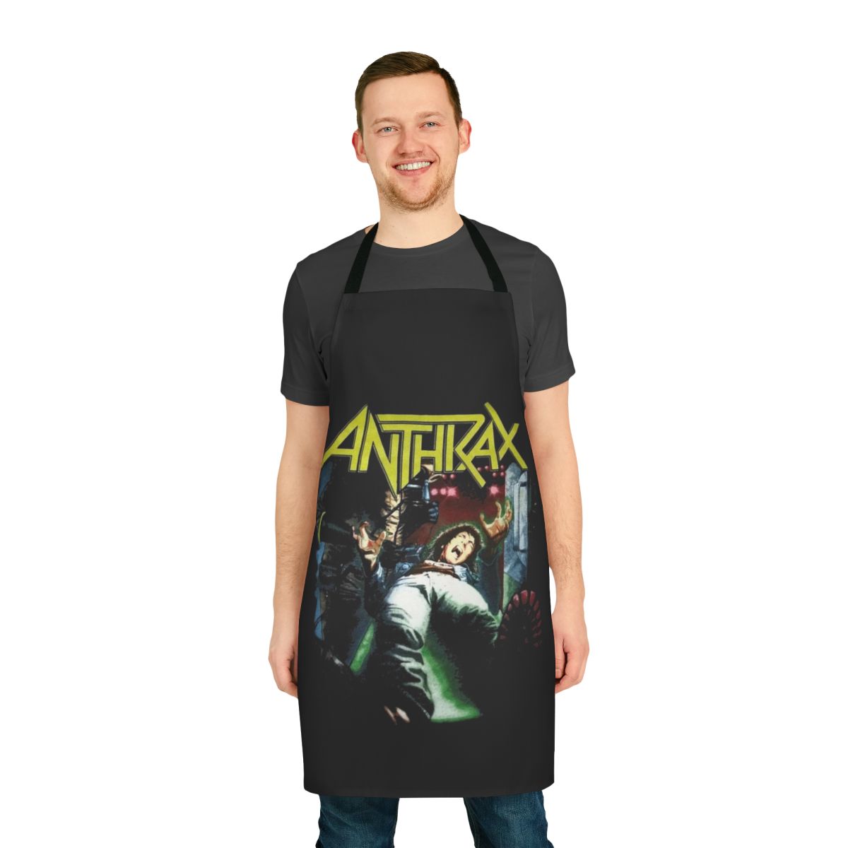 Heavy metal band apron featuring Anthrax logo and band members