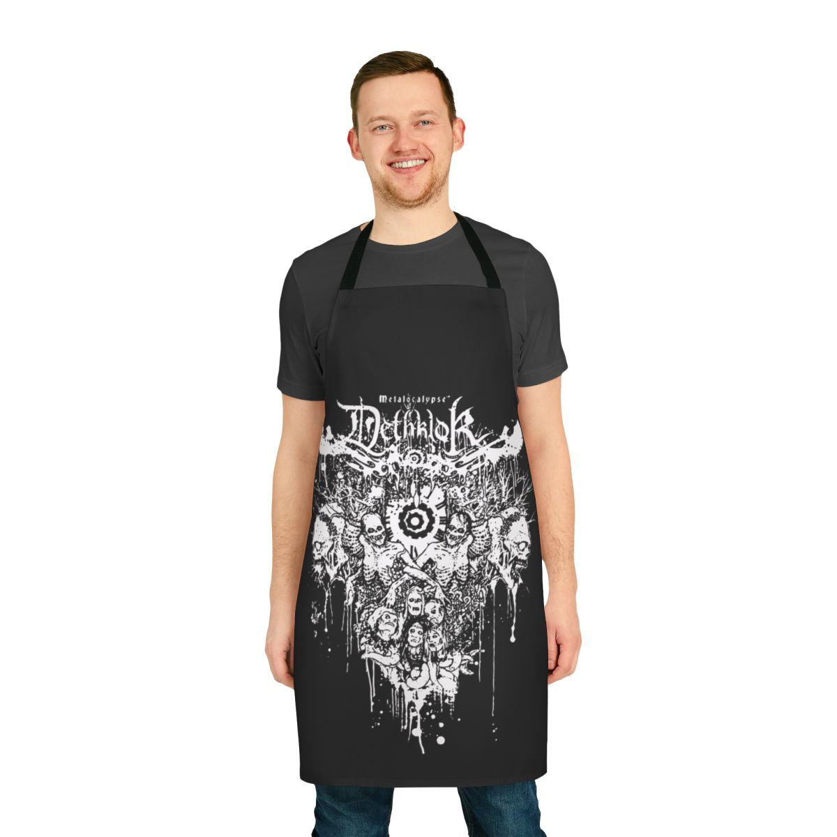Dethklok-inspired apron with Metalocalypse logo and design