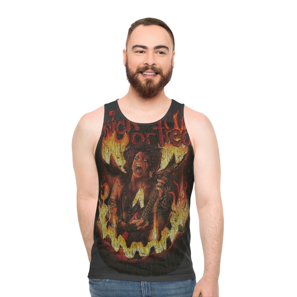 Heavy metal tank top with horror movie and 80s design