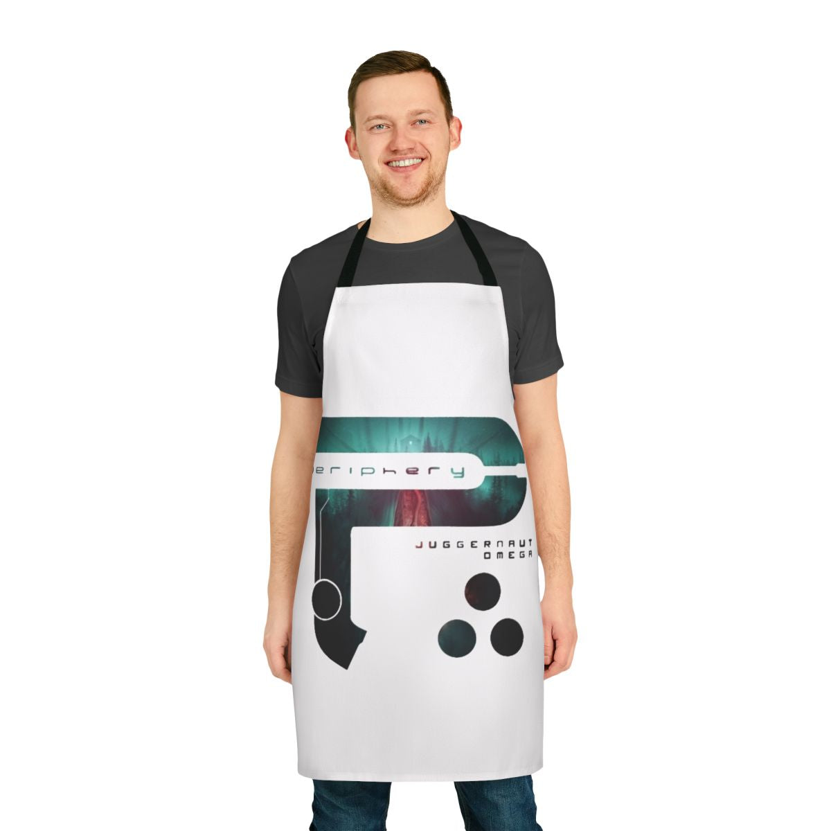 Heavy metal inspired apron with Juggernaut Omega branding