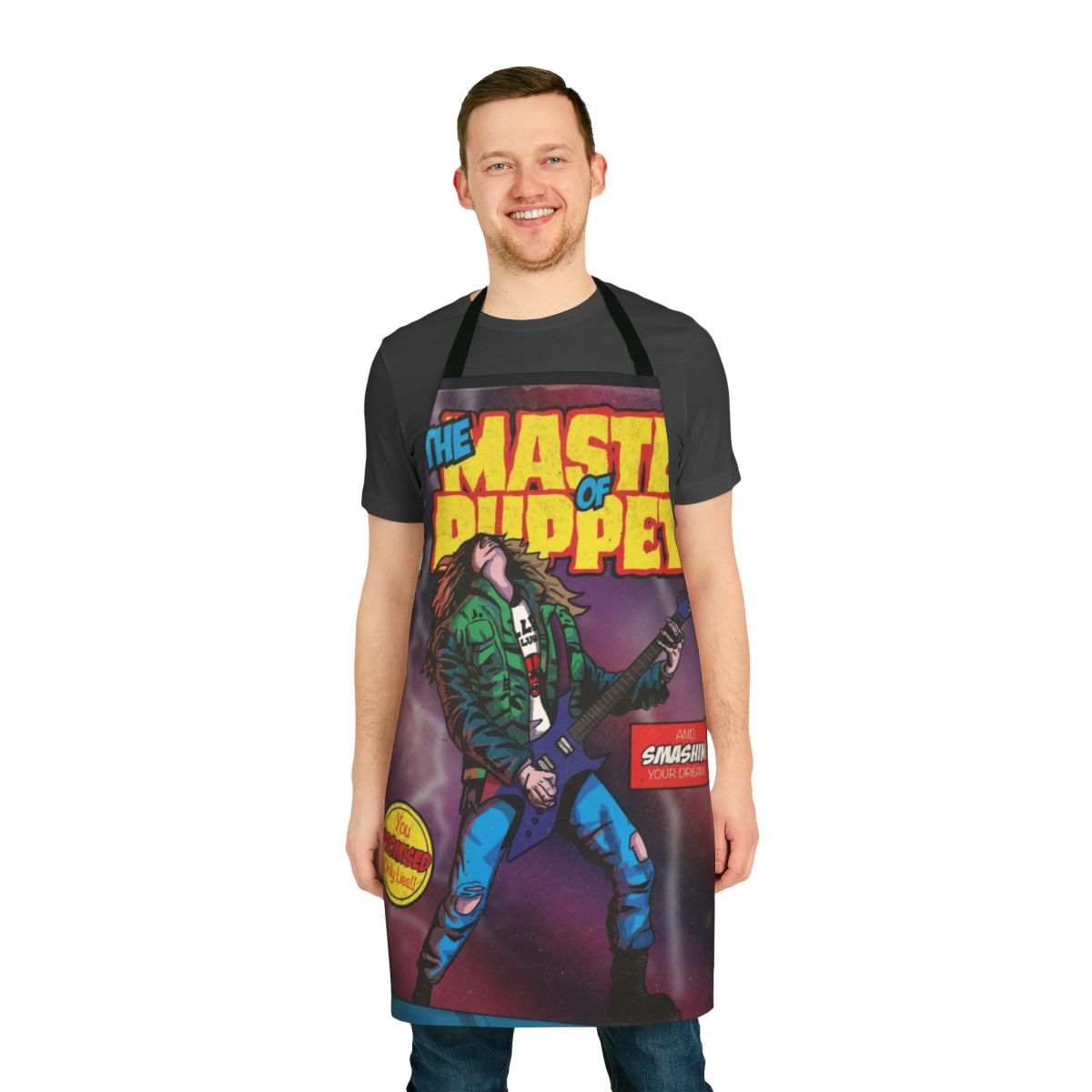Heavy metal inspired apron featuring guitar and Metallica's 'Master of Puppets'