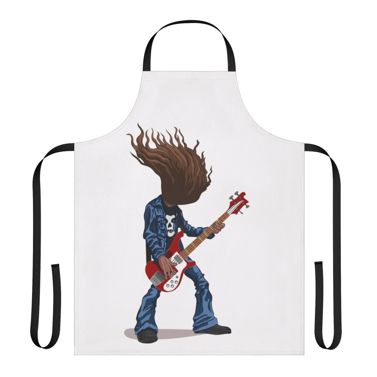 Cliff Burton-inspired heavy metal apron with microphones, bass guitars, and thrash metal symbols