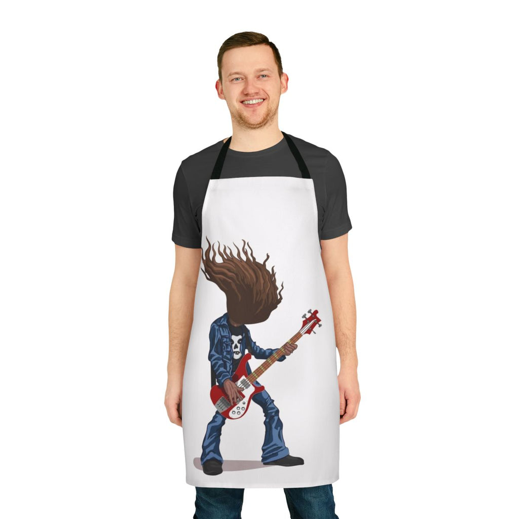 Cliff Burton-inspired heavy metal apron with microphones, bass guitars, and thrash metal symbols