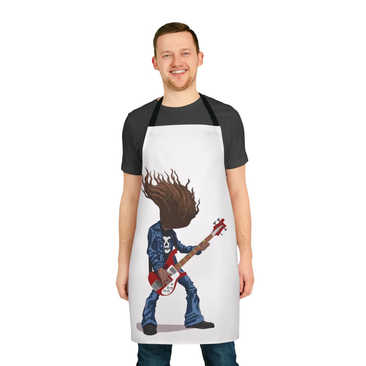 Cliff Burton-inspired heavy metal apron with microphones, bass guitars, and thrash metal symbols